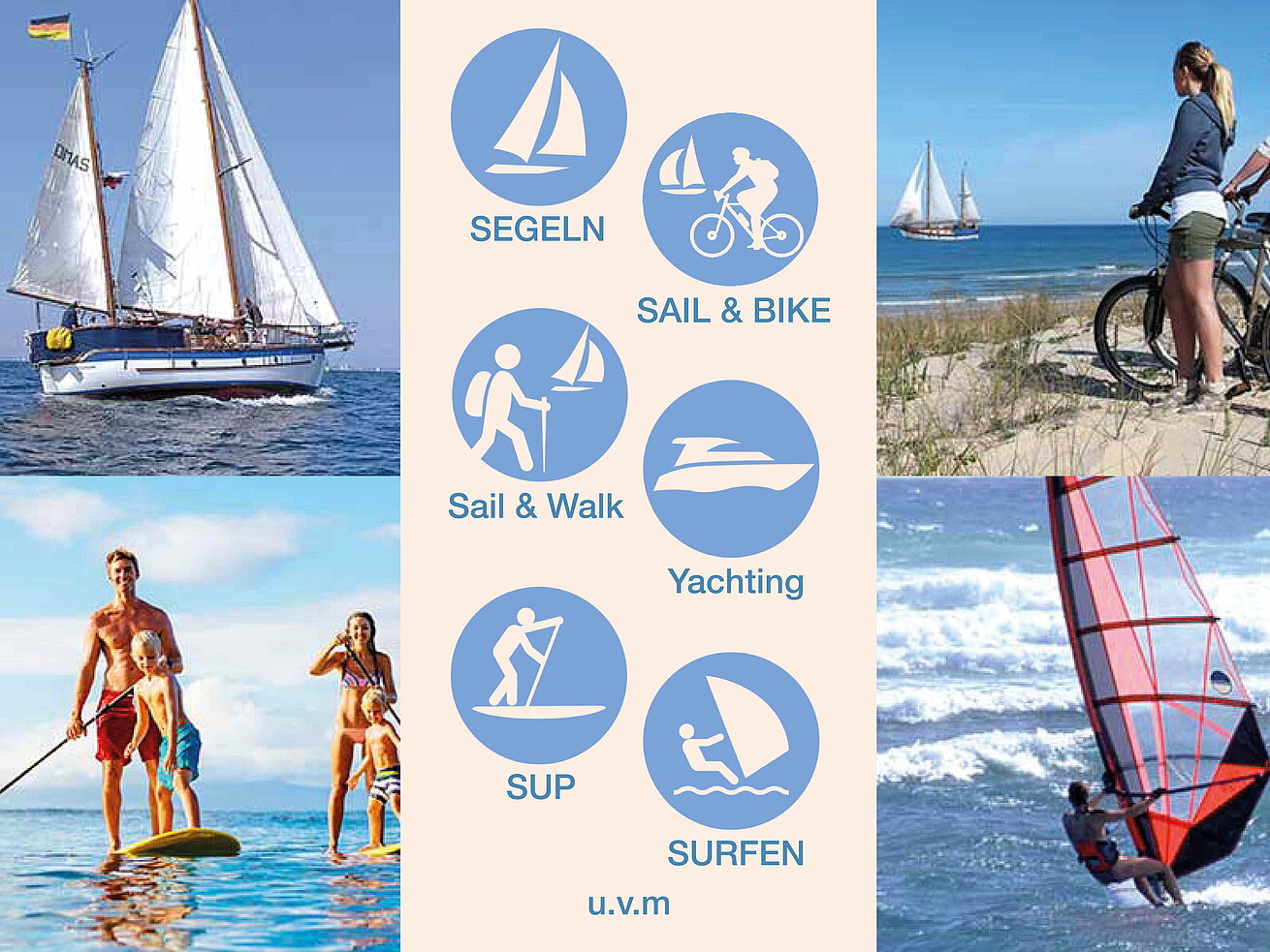 Wassersport und Segeln Collage mit Segelbooten, Windsurfen und Stand-up-Paddling