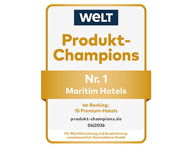 Siegel „WELT Produkt-Champions“ mit Auszeichnung „Nr. 1 Maritim Hotels“.