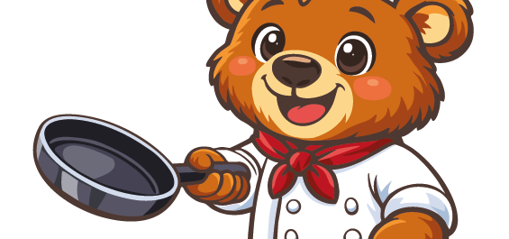 Maritim Bär als Koch Cartoon-Bär im Kochoutfit mit Pfanne und Maritim Kochmütze als freundliches Maskottchen.