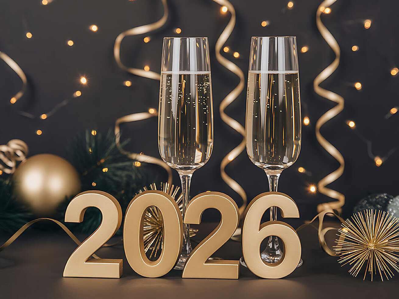 Zwei Gläser Sekt und goldene 2026-Deko mit Lichtern im Hintergrund zur Silvesterfeier
