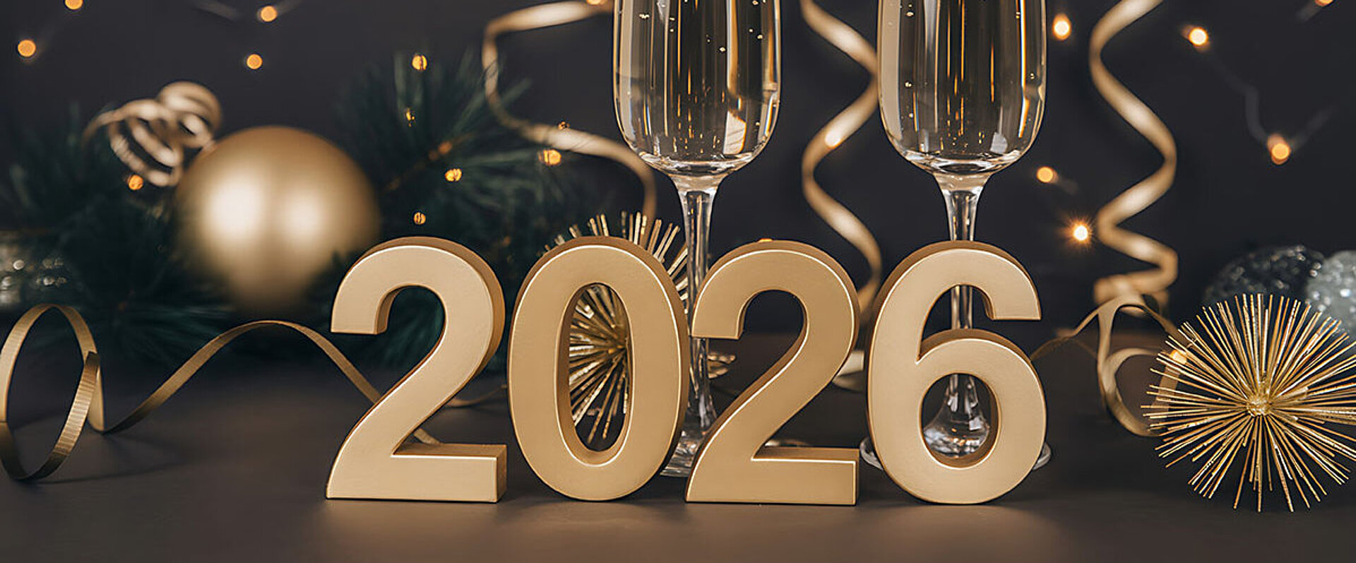 © muhammad - AdobeStock.com Zwei Gläser Sekt und goldene 2026-Deko mit Lichtern im Hintergrund zur Silvesterfeier