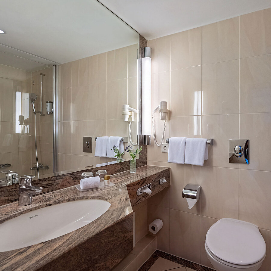 Badezimmer mit Badewanne, Waschbecken, WC und großem Spiegel
