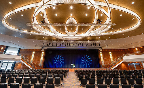 Großer Festsaal mit Bühne und beeindruckendem Kronleuchter im Maritim Hotel Düsseldorf