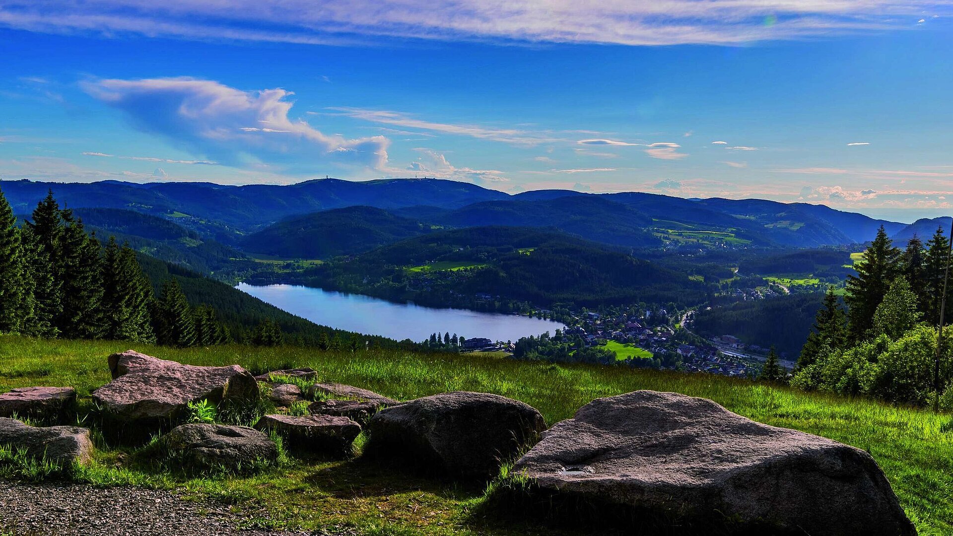 Weitblick auf den Titisee und den Schwarzwald vom Hochfirst mit Wiesen, Felsen und bewaldeten Hügeln
