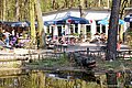 Außenbereich des Haus Natur und Umwelt mit Teich, Terrasse und Spielbereich inmitten eines Waldgebiets