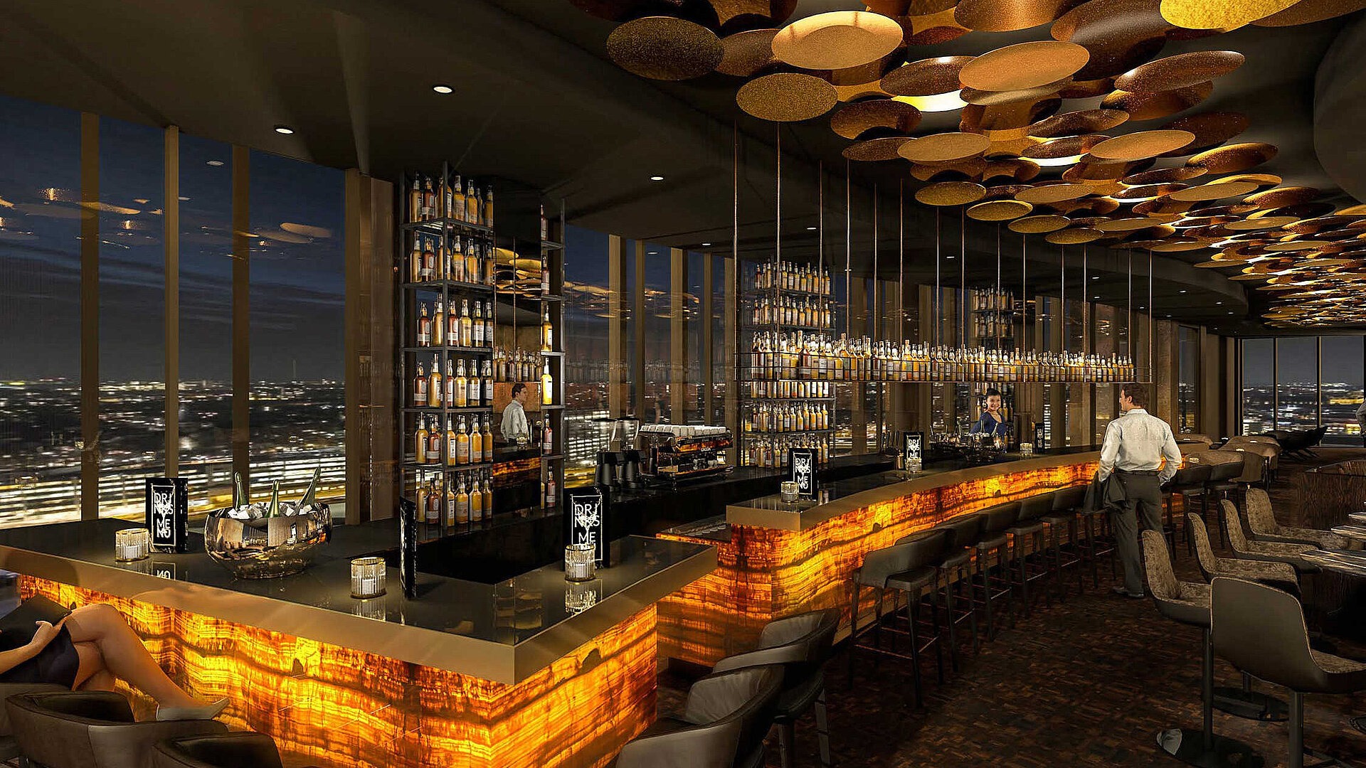 Rooftop Bar Noord Die moderne Rooftop Bar "Noord" im Maritim Hotel Amsterdam. Mit schickem Tresen, Loungemöbeln und einem tollen Ausblick