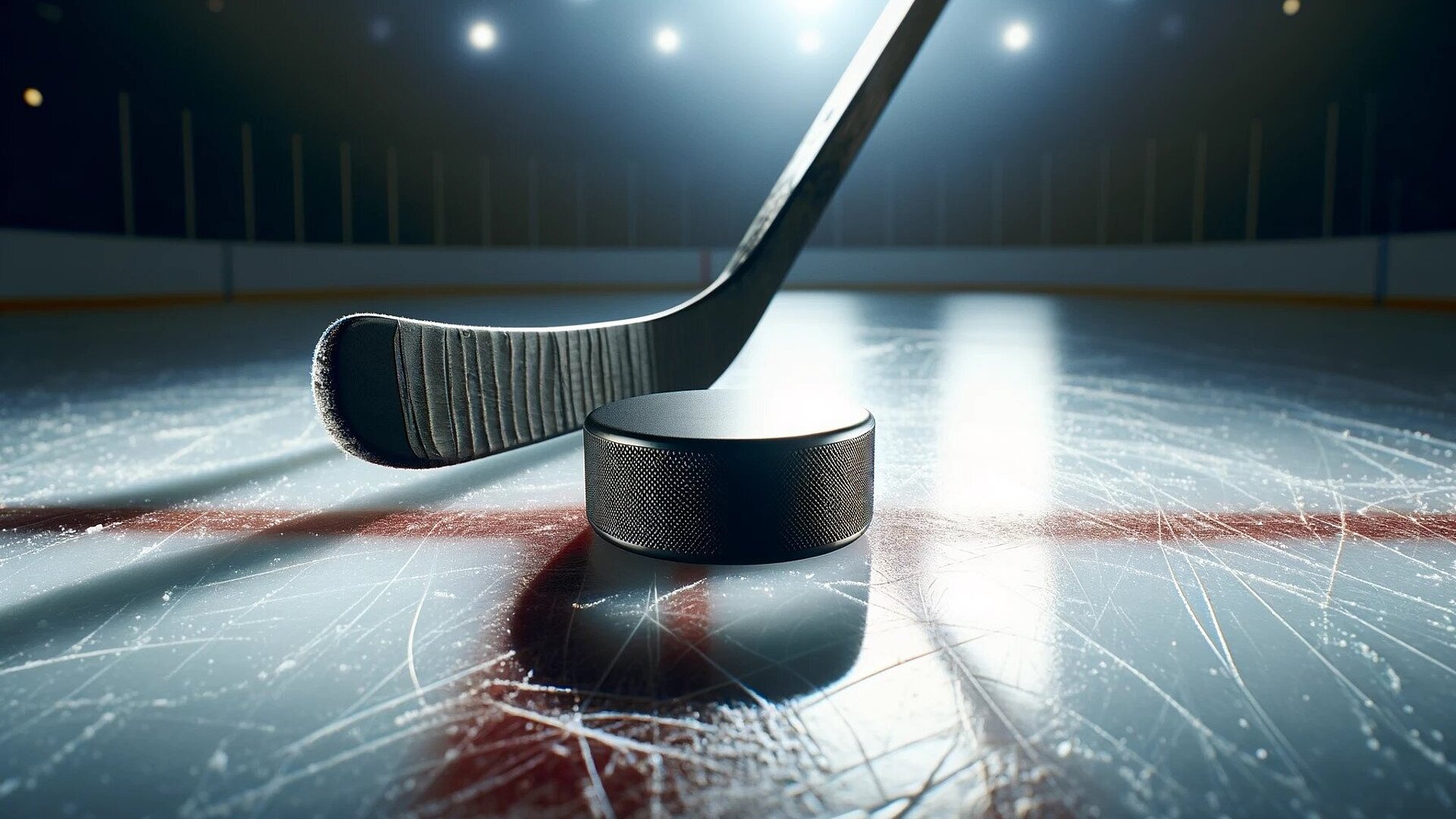 Nahaufnahme eines Eishockey-Pucks und eines Schlägers auf dem Eis mit sichtbaren Kratzspuren, beleuchtet von Stadionlichtern.