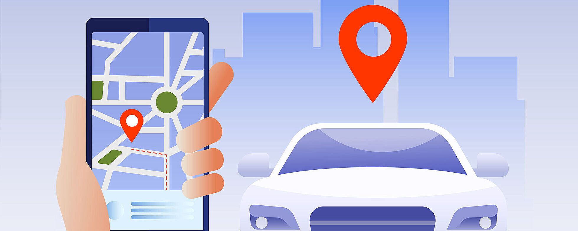 Smartphone mit Navigations-App und Auto für Fahrt oder Abholung in der Stadt