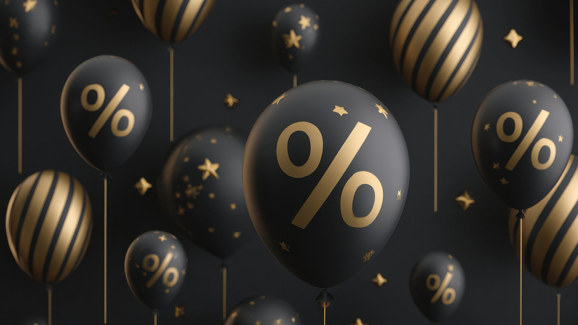 Black Weekend bei Maritim Hotels. Schwarze Luftballons mit goldenen Prozentzeichen. 