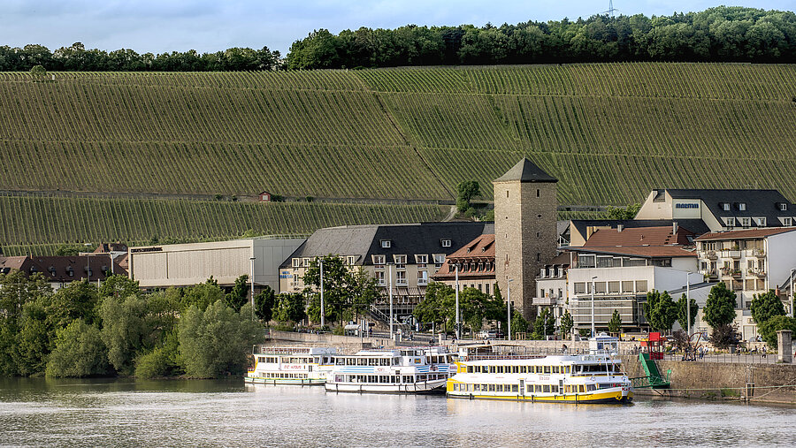 Maritim Hotel Würzburg und Congress Centrum mit Blick auf Weinberge und Anlegestelle am Main