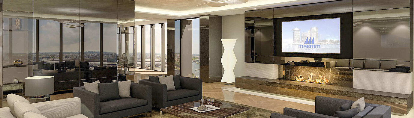 Elegante Lounge im Maritim Hotel Amsterdam mit Kamin und Panoramablick