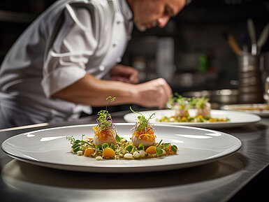 © Enrique – AdobeStock.com Gourmetkoch richtet kunstvoll ein feines Gericht auf einem weißen Teller an