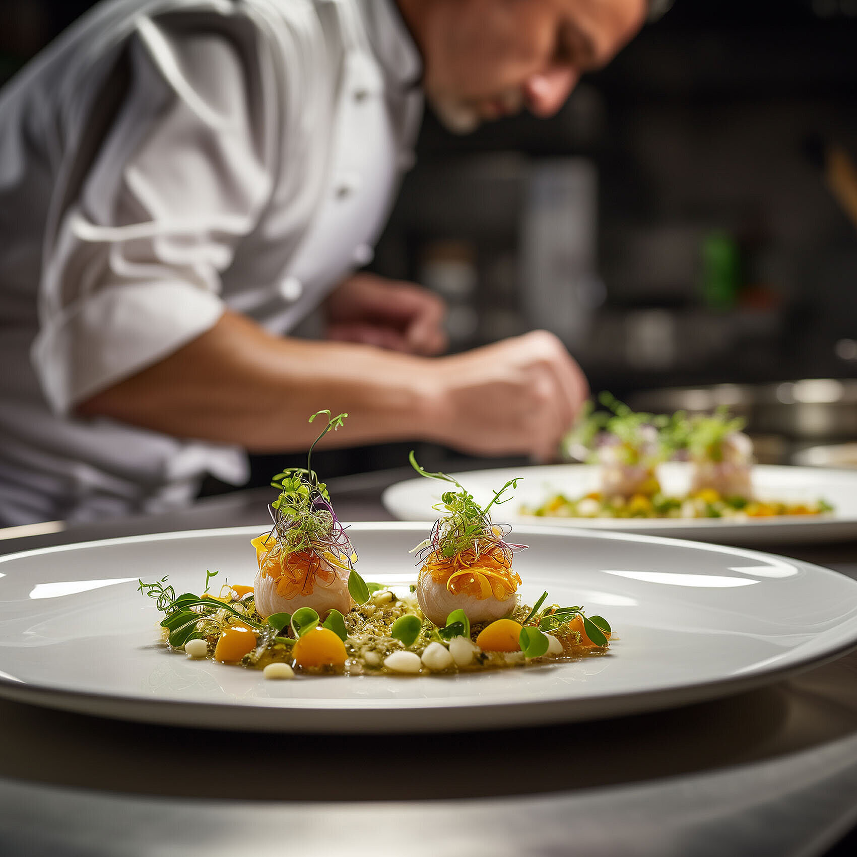 Gourmetkoch richtet kunstvoll ein feines Gericht auf einem weißen Teller an