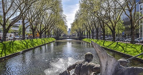 Wasserlauf an der Königsallee Düsseldorf mit Bäumen und Promenade in grüner, eleganter Umgebung