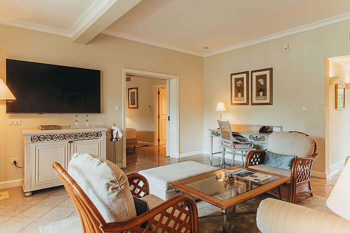 Großzügiger Wohnbereich der Penthouse Suite mit Sitzgruppe, Esstisch und eleganter Einrichtung.