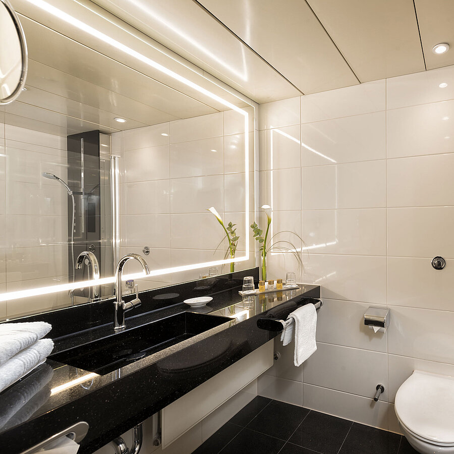 Modernes Badezimmer mit Dusche und Badewanne im Maritim Hotel Bonn, ausgestattet mit eleganten Armaturen und Spiegelbeleuchtung.