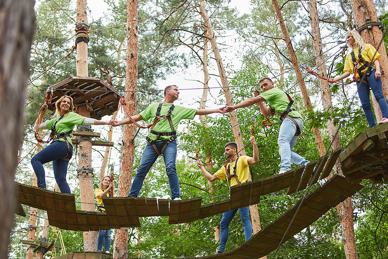 Gruppe von Erwachsenen im Kletterwald balanciert über Seilbrücke zwischen Bäumen im Wald
