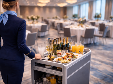 Airline Menü mit Servicetrolley und hochwertig angerichteten Speisen im professionellen Serviceumfeld.