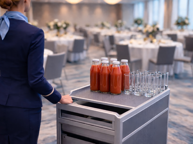 Airline Menü mit Servicetrolley und hochwertig angerichteten Speisen im professionellen Serviceumfeld.