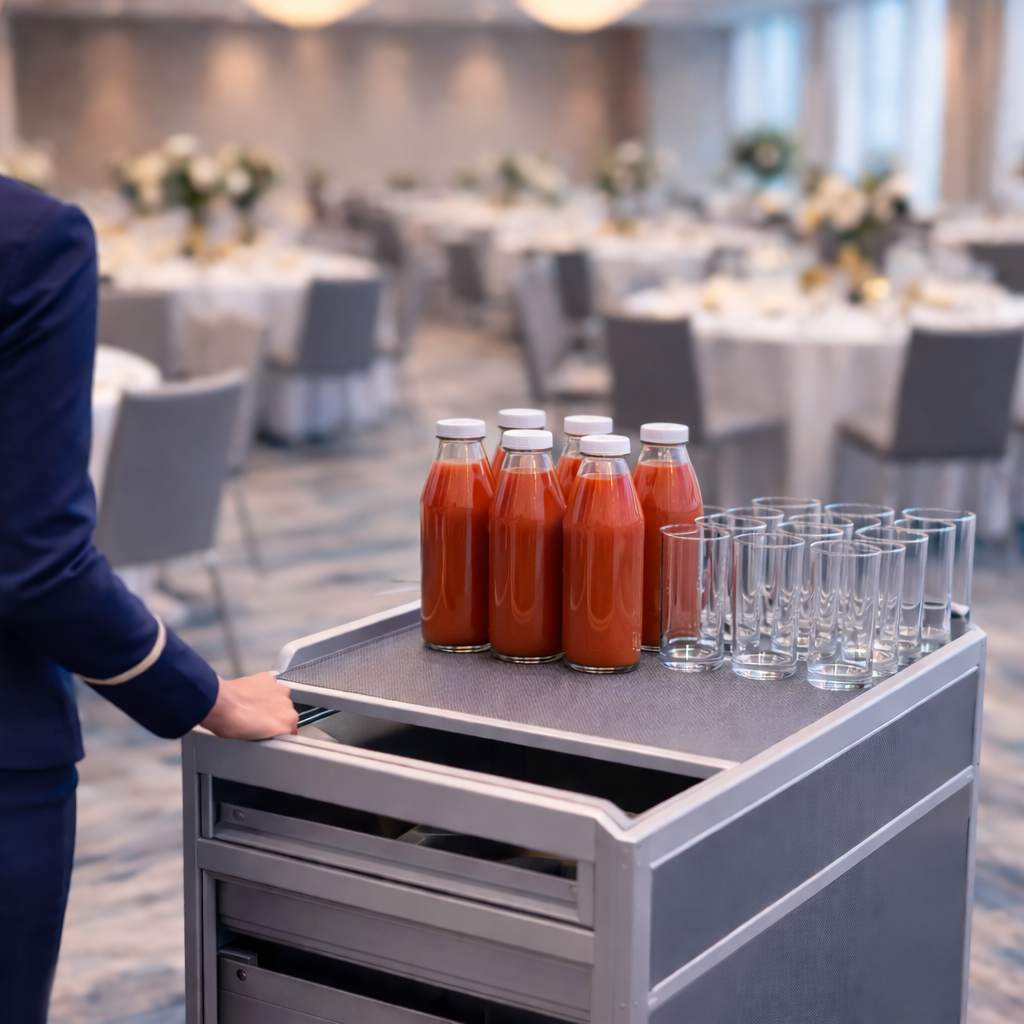 Airline Menü (Symbolbild - erstellt mit KI) Airline Menü mit Servicetrolley und hochwertig angerichteten Speisen im professionellen Serviceumfeld.