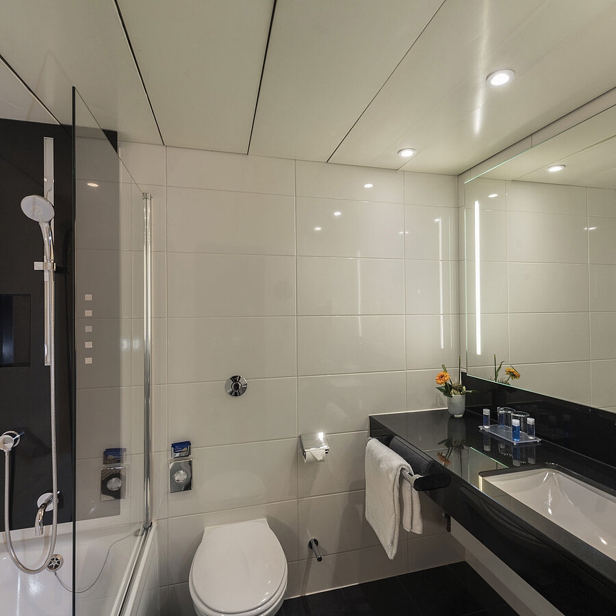 Modernes Badezimmer mit großer Dusche, stilvollem Waschbecken und edler Ausstattung im Maritim Hotel Königswinter.
