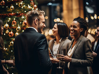 © aicandy - AdobeStock.com (mit KI generiert) Geschäftsleute stoßen bei festlicher Weihnachtsfeier mit Sekt an vor geschmücktem Tannenbaum