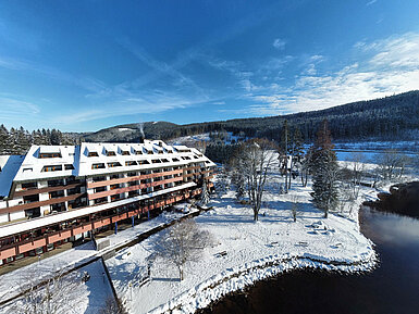 Maritim Hotel Titisee im Winter mit verschneitem Garten und Blick auf das Hotelgebäude am Ufer