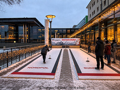 Eisstockschießen © Teamgeist Ost GmbH (erstellt mit KI) Winterlich beleuchtete Eisstockbahn im Außenbereich mit Lichterketten und Gästen beim Eisstockschießen in festlicher Atmosphäre.