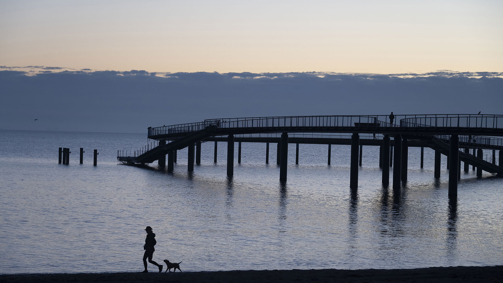 Seebrücke am Abend Frau mit Hund spaziert am Strand vor der Seebrücke in Timmendorfer Strand bei Abenddämmerung.