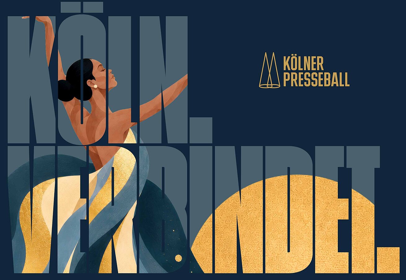 Grafik zum Kölner Presseball mit stilisierter Darstellung einer tanzenden Person