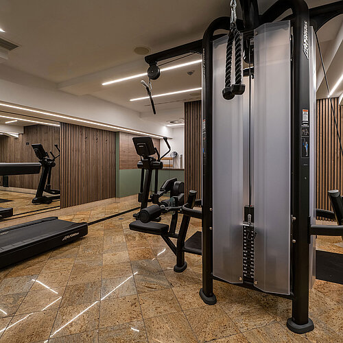 Fitnessraum Moderner Fitnessraum im Maritim Hotel Dresden mit Trainingsgeräten und Gewichten.