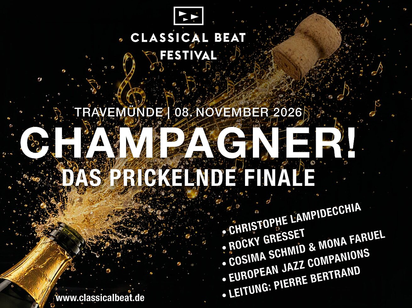 Grafik zum Classical Beat Festival in Travemünde mit Champagnerflasche und Veranstaltungshinweis