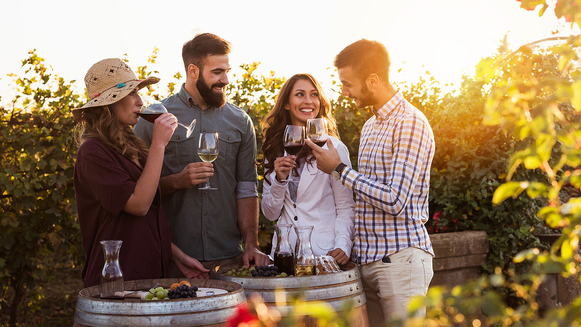 © Alliance - AdobeStock.com Gruppe von Freunden genießt Weinprobe im sonnigen Weinberg