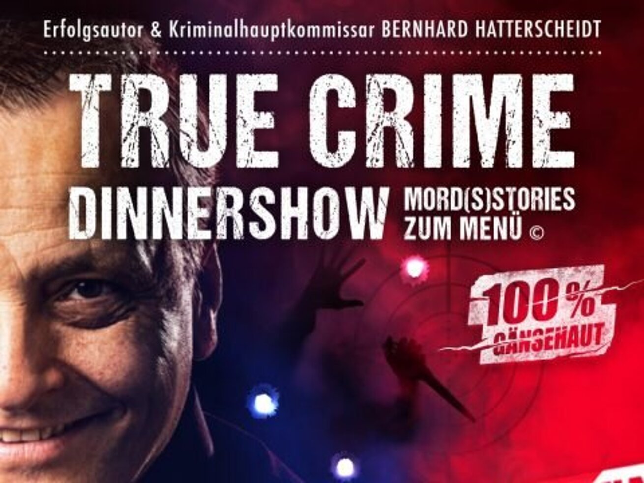Veranstaltungsplakat zur Kriminal Dinner "True Crime Dinnershow" mit Porträtmotiv und Hinweisen zur Show.