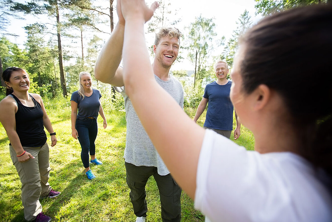 Gruppe von Erwachsenen im Freien beim Teambuilding, High-Five im Grünen bei sonnigem Wetter