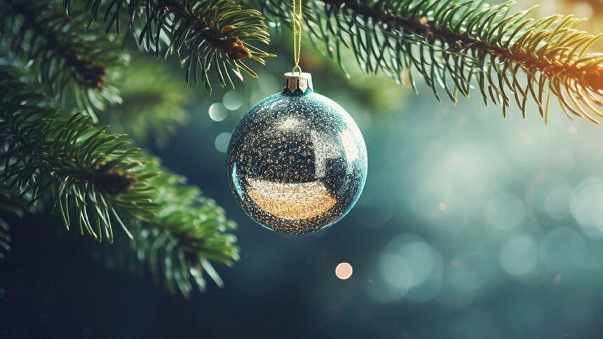 Christbaumkugel hängt an Tannenzweig mit weihnachtlicher Beleuchtung