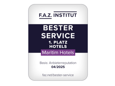 Auszeichnung "Bester Service" 2025 für Maritim Hotels FAZ-Siegel 1. Platz Bester Service für Maritim Hotels basierend auf Anbieterreputation im April 2025